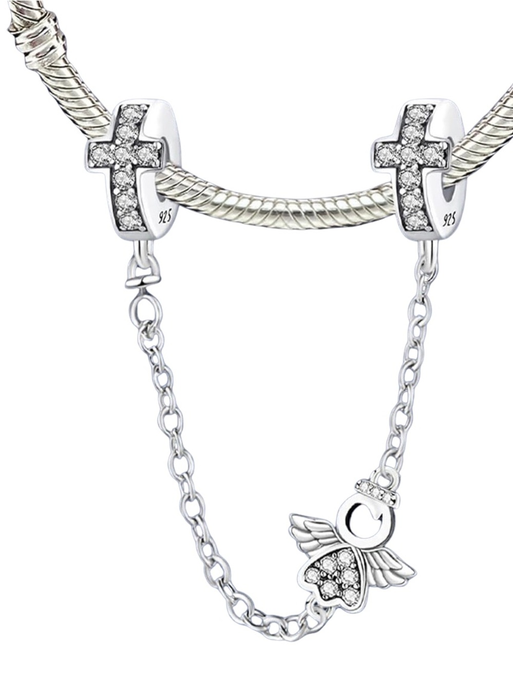 Sterling Silver Angel & Cross Safety Chain Charm 925 CZ Faith Religious